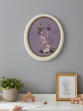 Vintage 1975 Holly Hobbie Folk Art Embroidery Oval Frame Signed Handmade Purple